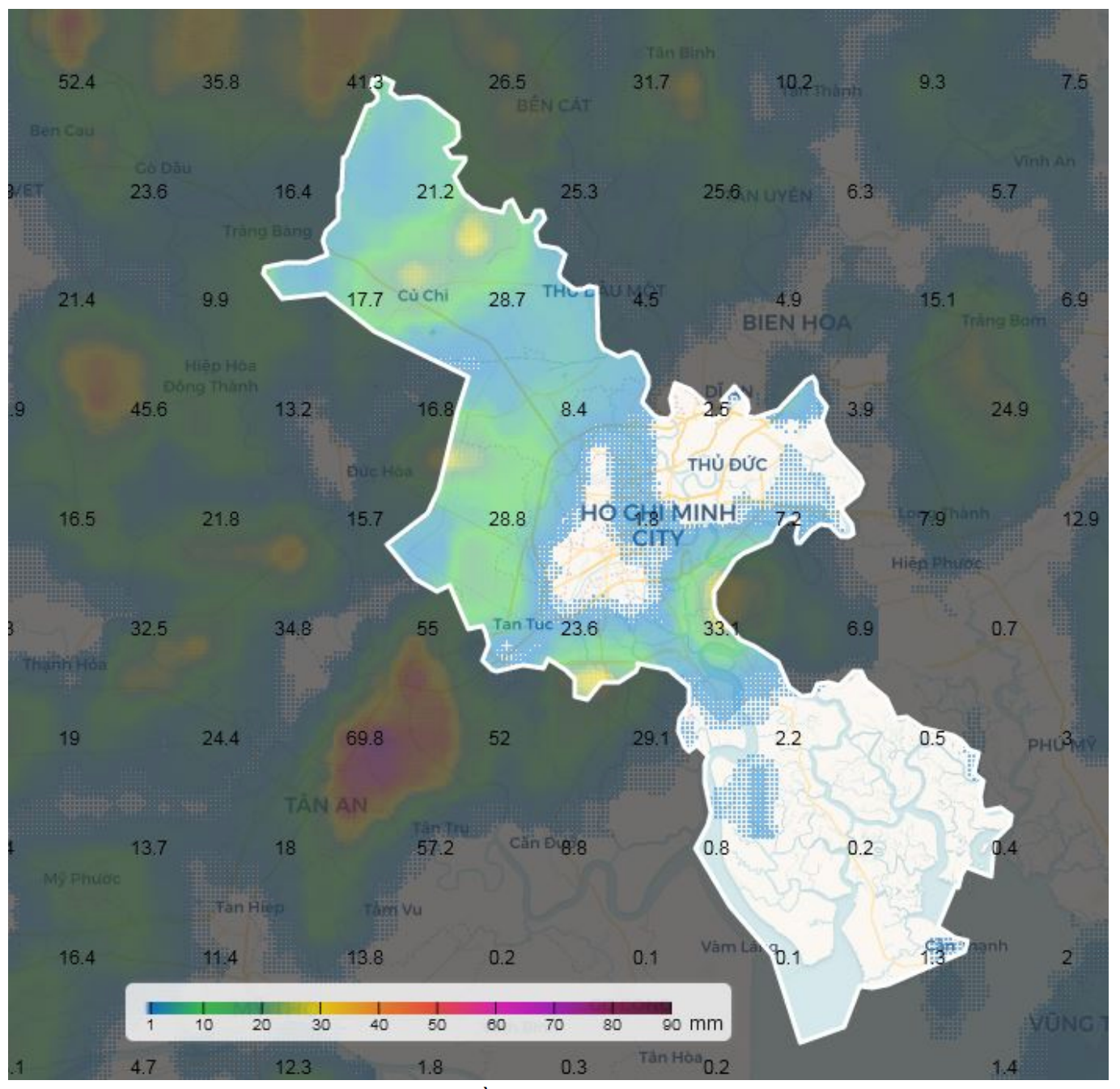Bản đồ dự báo mưa trong 24 giờ tới ở TPHCM. Nguồn: Đài Khí tượng Thủy văn Nam bộ và Tây Nguyên Bản đồ dự báo mưa trong 24 giờ tới ở TPHCM. Nguồn: Đài Khí tượng Thủy văn Nam bộ và Tây Nguyên