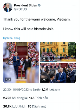 Đoạn đăng của Tổng thống Mỹ Biden để cảm ơn Việt Nam. (Ảnh: X) Đoạn đăng của Tổng thống Mỹ Biden để cảm ơn Việt Nam. (Ảnh: X)