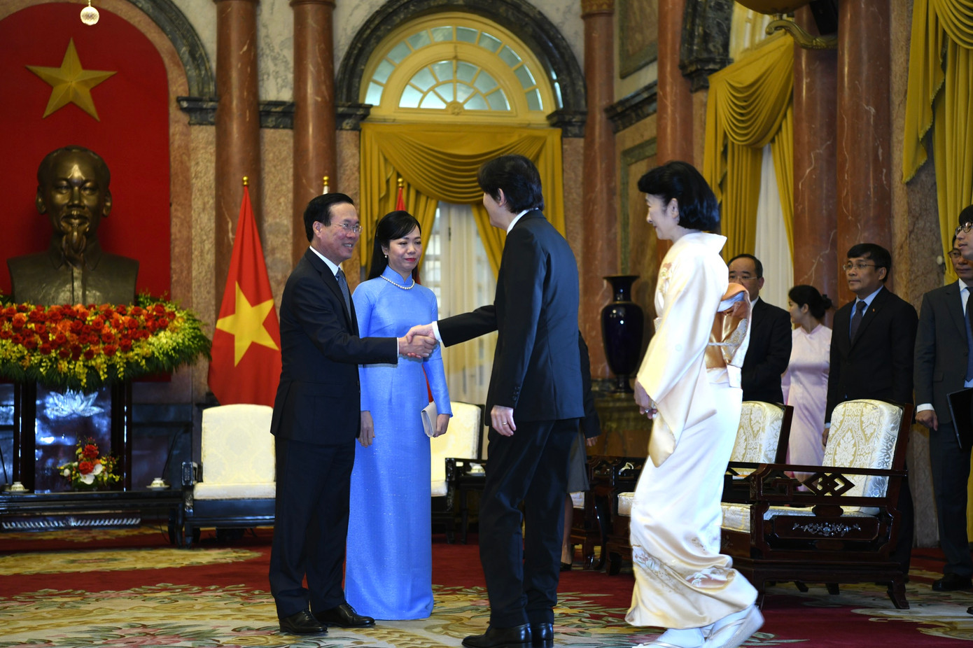 Chủ tịch nước Võ Văn Thưởng và Phu nhân tiếp Hoàng Thái tử Nhật Bản Akishino và Công nương. (Ảnh: Như Ý) Chủ tịch nước Võ Văn Thưởng và Phu nhân tiếp Hoàng Thái tử Nhật Bản Akishino và Công nương. (Ảnh: Như Ý)