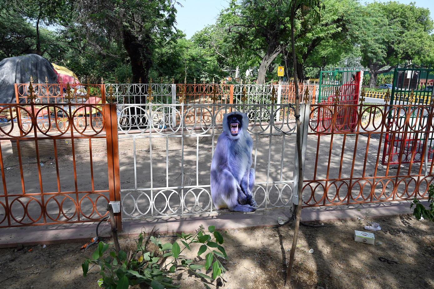 Một hình cắt kích thước thật của loài voọc mặt đen lớn được treo ven đường để xua khỉ. (Ảnh: Bloomberg) Một hình cắt kích thước thật của loài voọc mặt đen lớn được treo ven đường để xua khỉ. (Ảnh: Bloomberg)