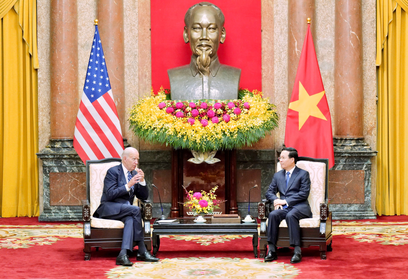 Hai nhà lãnh đạo trao đổi về quan hệ Việt - Mỹ. (Ảnh: Nhật Minh) Hai nhà lãnh đạo trao đổi về quan hệ Việt - Mỹ. (Ảnh: Nhật Minh)