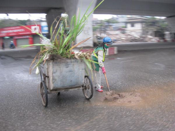 Thu dọn những cành lộc còn vương vãi sau đêm giao thừa. Ảnh : Đ.H