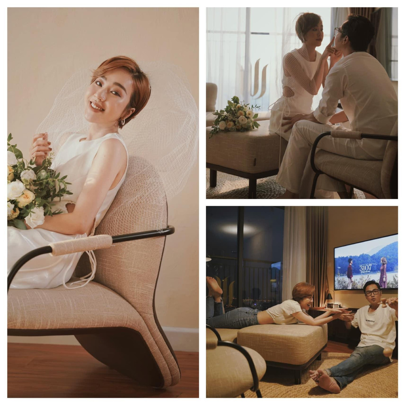 Thời gian đầu yêu nhau, cặp đôi MC luôn trong tình trạng &quot;yêu xa&quot; bởi lịch trình công tác dày đặc. Có khi, Quỳnh và Đức mỗi người ở một đầu đất nước nhưng lại có sự gắn kết rất riêng. Quỳnh kể, cô và bạn trai luôn giữ được sự ngọt ngào mặc dù cách nhau rất xa, ví dụ như cùng tạo một tư thế chụp ảnh rồi ghép lại, gửi cho nửa kia.