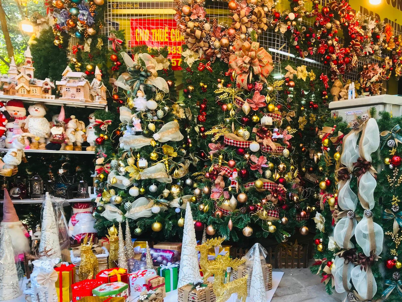 Các cây thông Noel được cửa hàng bày bán, xếp sát nhau tạo nên một background lung linh, nổi bật giữa con phố thu hút giới trẻ chụp ảnh sống ảo. Ảnh: Châu Linh