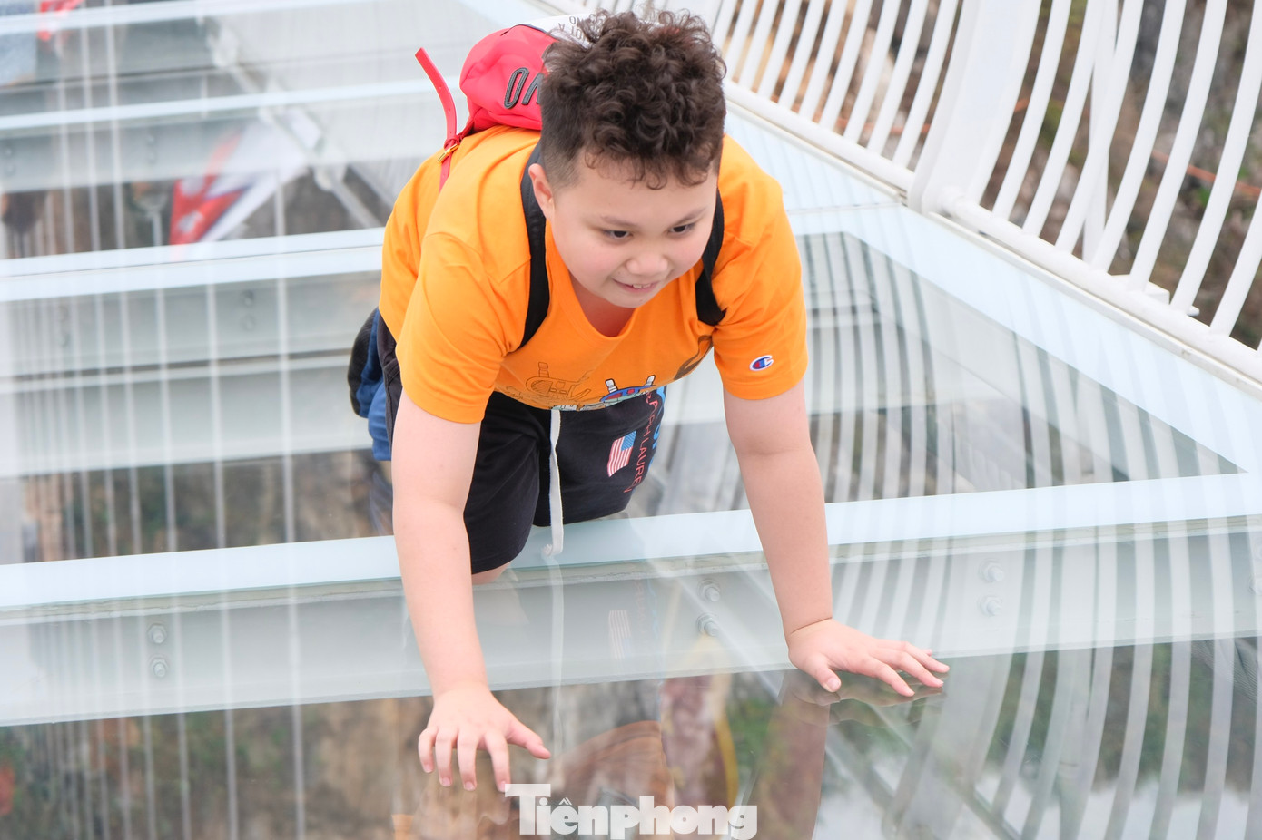 Một em nhỏ đến từ Cần Thơ vừa sợ vừa xen lẫn háo hức khi bò trên cầu kính. Ảnh: Châu Linh