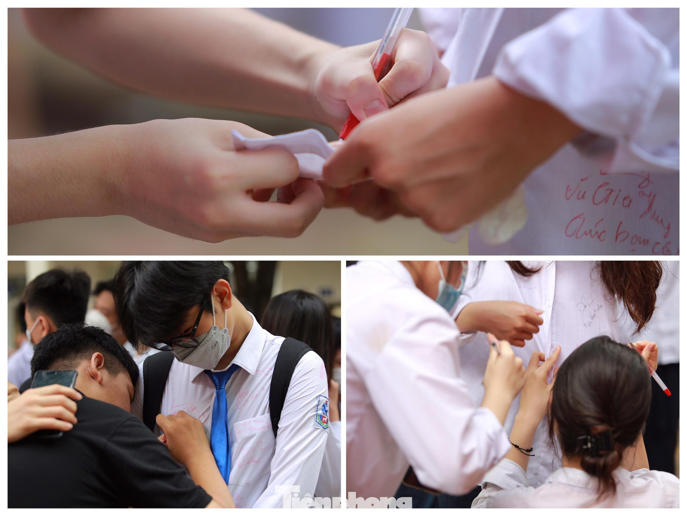 Các bạn học sinh tranh thủ ký lên áo của nhau để nhắc nhớ về những kỷ niệm khó quên ở mái trường cấp II. Các bạn học sinh tranh thủ ký lên áo của nhau để nhắc nhớ về những kỷ niệm khó quên ở mái trường cấp II.