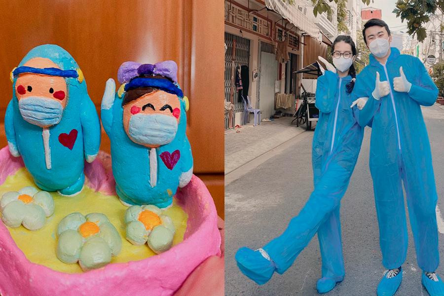 Bạn trai Đức Thuận đặt mua cho Phương Linh một bộ đất sét tự khô để chơi ở nhà khi anh đi hỗ trợ chống dịch cho đỡ chán, nhưng khi nhận được đơn hàng, Linh cũng lên đường đi chống dịch. Tranh thủ có hôm làm nhiệm vụ về sớm, cô đã quyết định lấy ra nặn thành hình như trong ảnh để kỷ niệm cột mốc tình yêu ý nghĩa.