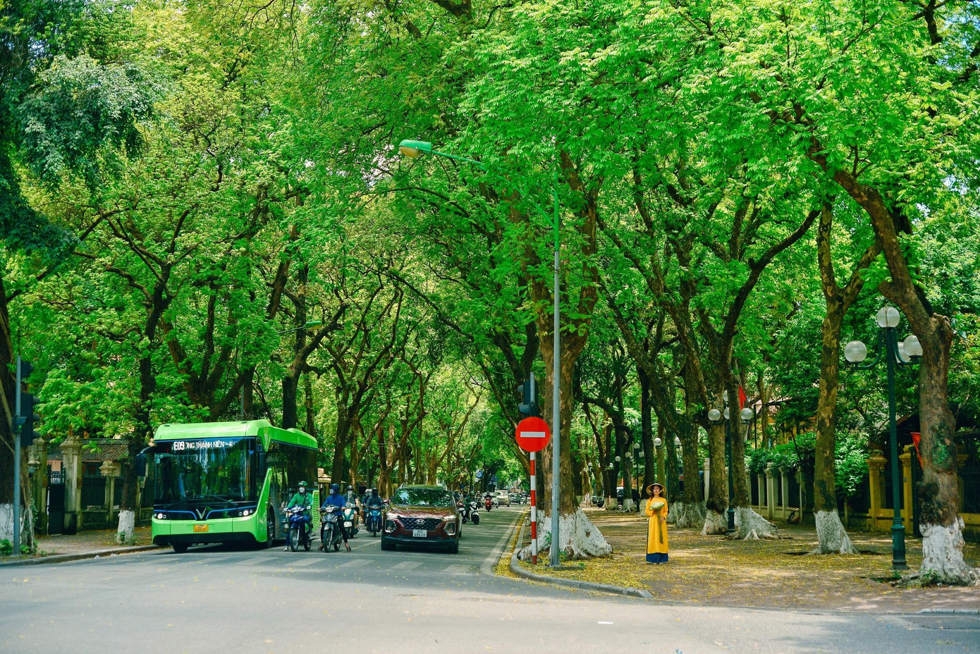 Thiếu nữ dịu dàng dạo bước trên phố.