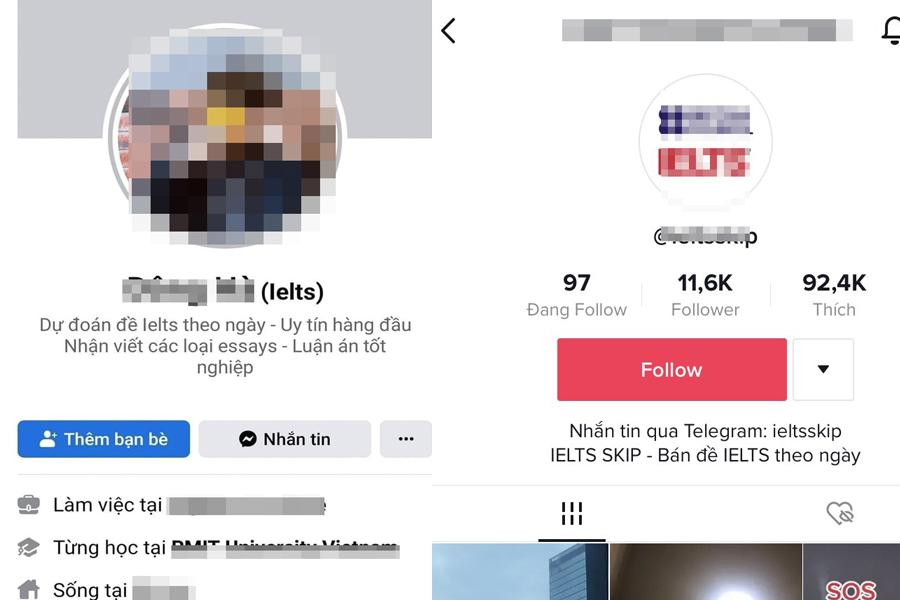 Tài khoản dự đoán đề IELTS theo ngày hoạt động trên Facebook (bên trái ảnh) và tài khoản bán đề IELTS theo ngày hoạt động trên TikTok (bên phải ảnh). Ảnh: cap màn hình. Tài khoản dự đoán đề IELTS theo ngày hoạt động trên Facebook (bên trái ảnh) và tài khoản bán đề IELTS theo ngày hoạt động trên TikTok (bên phải ảnh). Ảnh: cap màn hình.