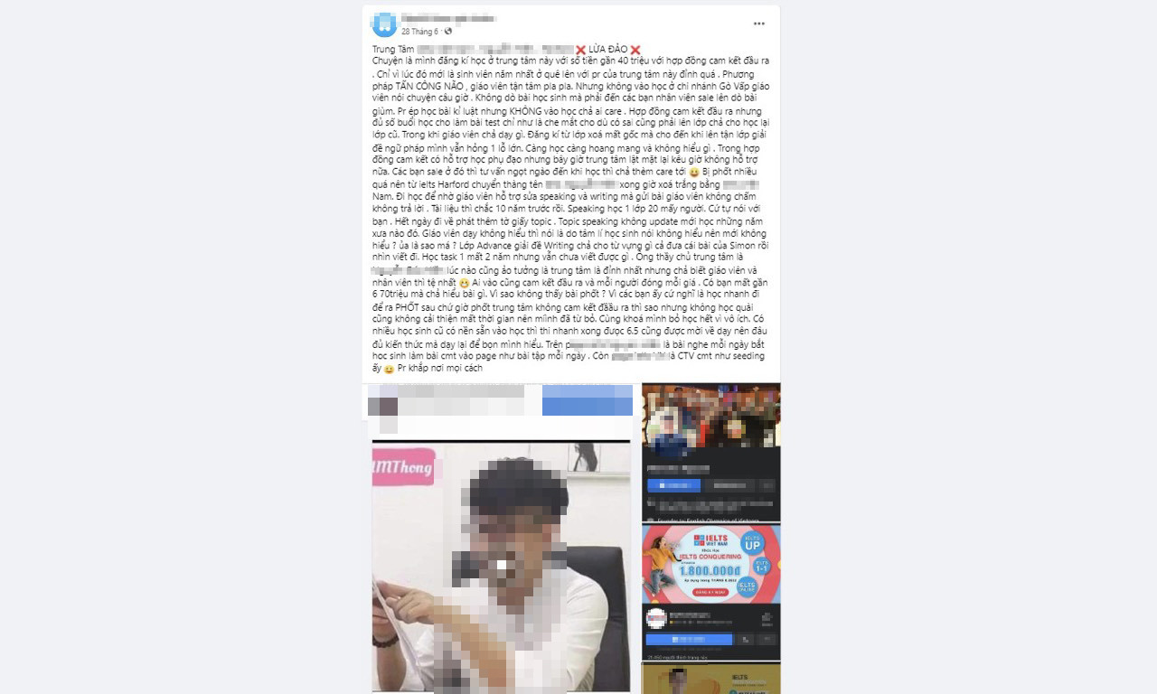 Bài đăng của học viên T.H. trong một hội nhóm về lên án, tẩy chay trung tâm ngoại ngữ rởm. Ảnh chụp màn hình. Bài đăng của học viên T.H. trong một hội nhóm về lên án, tẩy chay trung tâm ngoại ngữ rởm. Ảnh chụp màn hình.