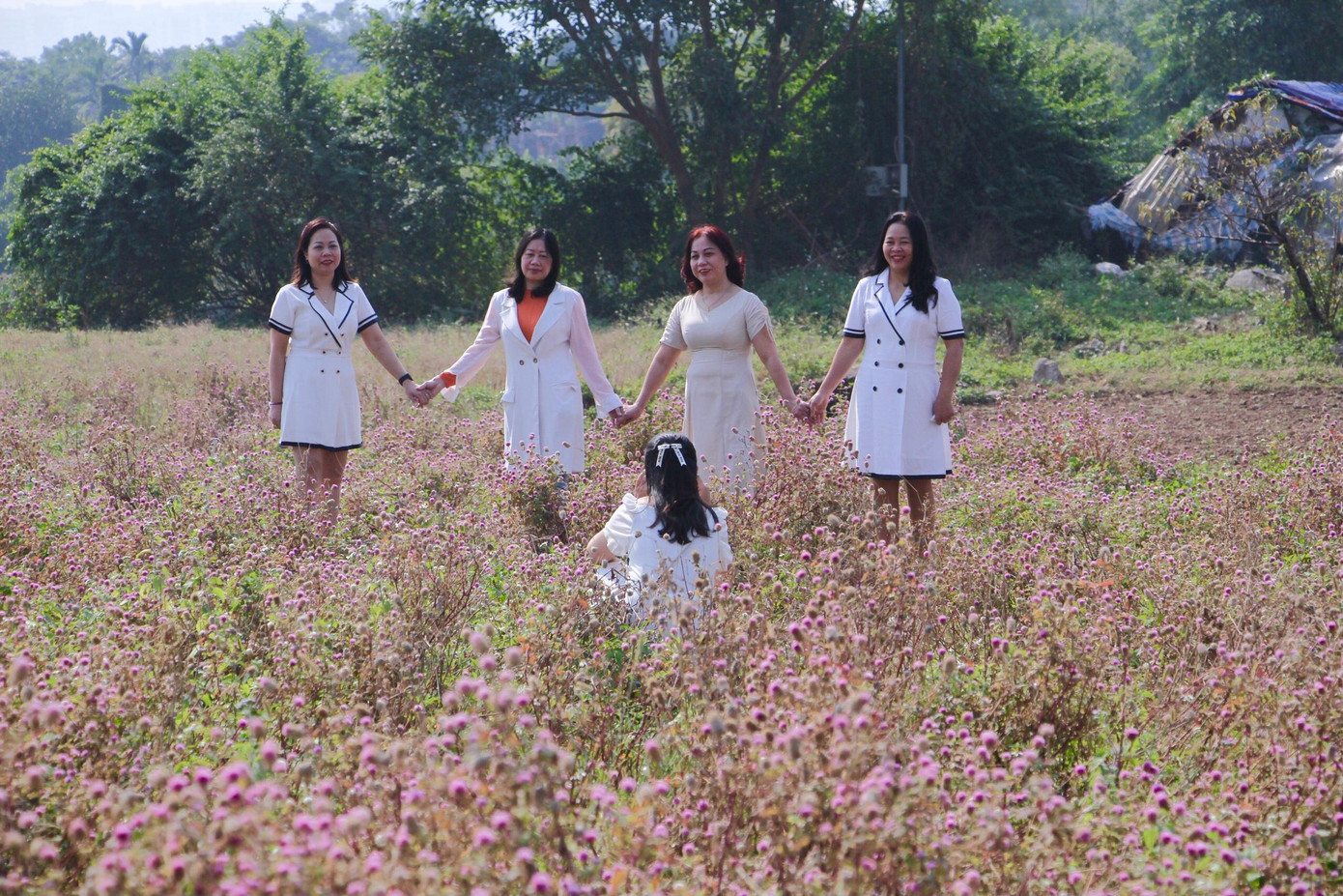 Không chỉ có bạn trẻ, nhiều gia đình, phụ nữ trung tuổi cũng ghé vườn hoa để tham quan và ghi lại những bức ảnh bên hoa cúc bách nhật.