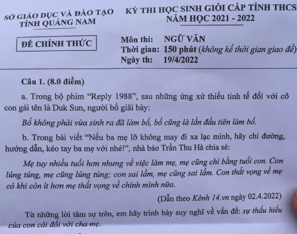 Nguyên văn câu 1, đề thi học sinh giỏi môn Văn tỉnh Quảng Nam đang được dư luận quan tâm. Nguyên văn câu 1, đề thi học sinh giỏi môn Văn tỉnh Quảng Nam đang được dư luận quan tâm.