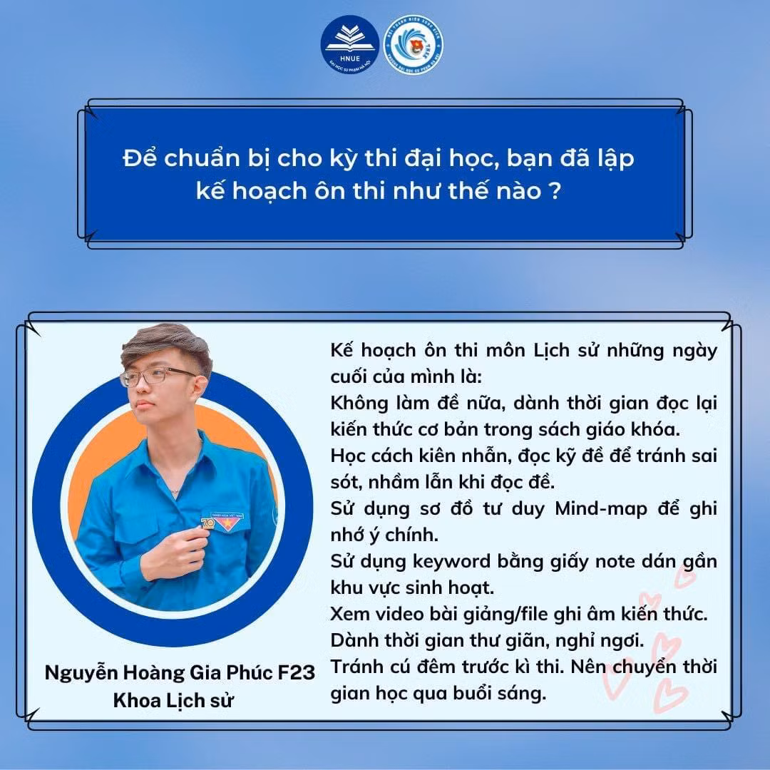 Những ngày cuối trước khi thi, bạn Nguyễn Hoàng Gia Phúc khuyên nên dành thời gian nghỉ ngơi, học cách nhớ lâu, nhớ chắc những vấn đề quan trọng.