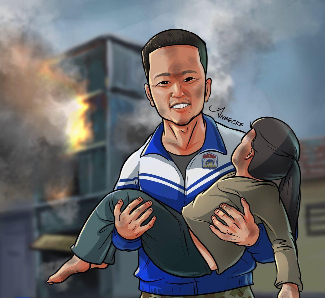 Họa sĩ Anbecks tái hiện hành động đẹp của anh Trung Văn Nam thành một bức tranh truyền cảm hứng trên mạng xã hội. Ảnh: Anbecks