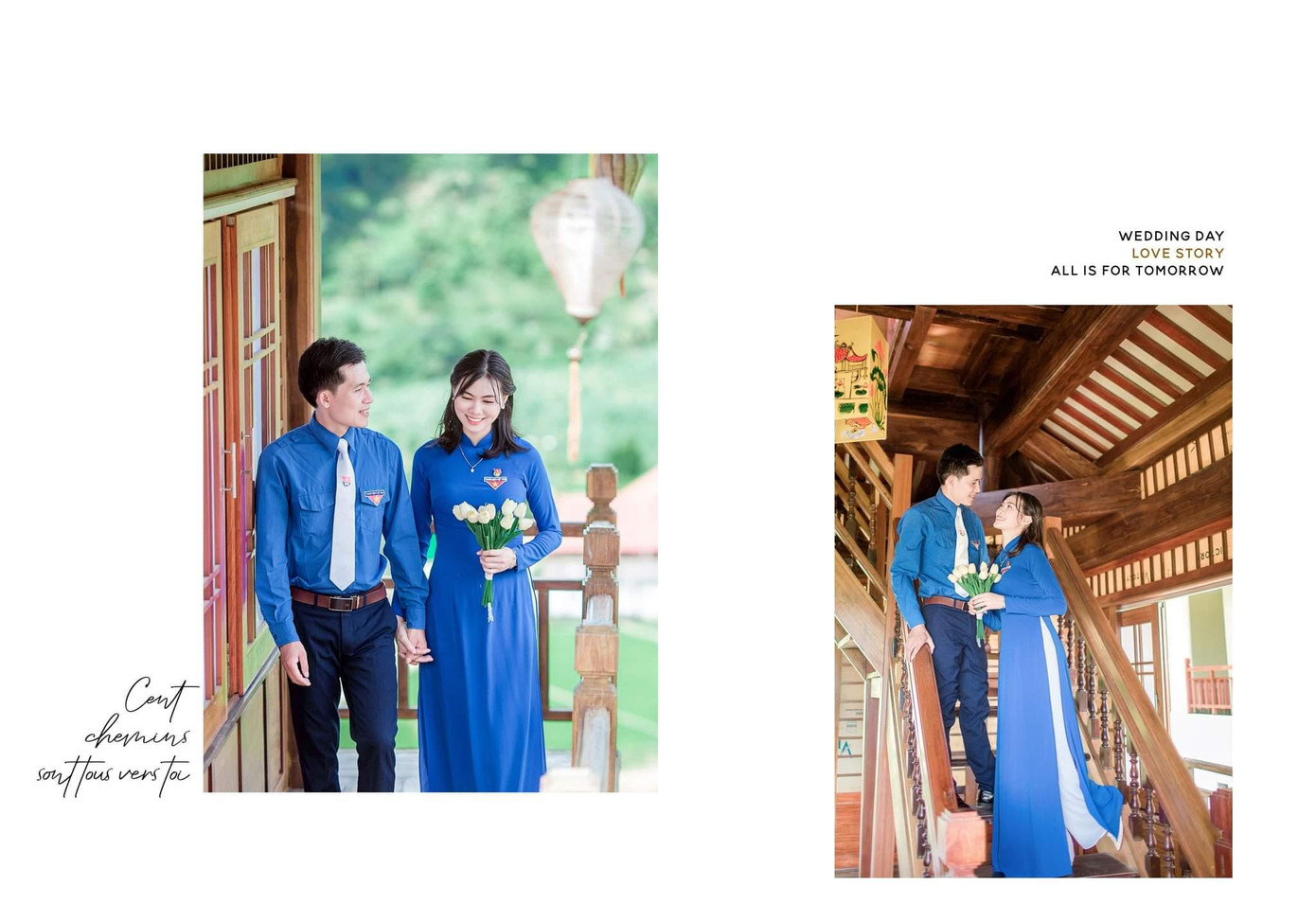 Bộ ảnh cưới của May và Nguyên được thực hiện từ tháng 7 năm 2022. Nữ giáo viên trẻ nói, cô và chồng quyết định lựa chọn trang phục áo xanh tình nguyện để chụp ảnh cưới bởi cả hai đều cùng chung một tình yêu với Đoàn, nhờ trải qua hoạt động Đoàn mà gắn bó với nhau. Vì vậy, cô chọn màu áo xanh để lưu giữ lại những kỷ niệm đẹp của mình.