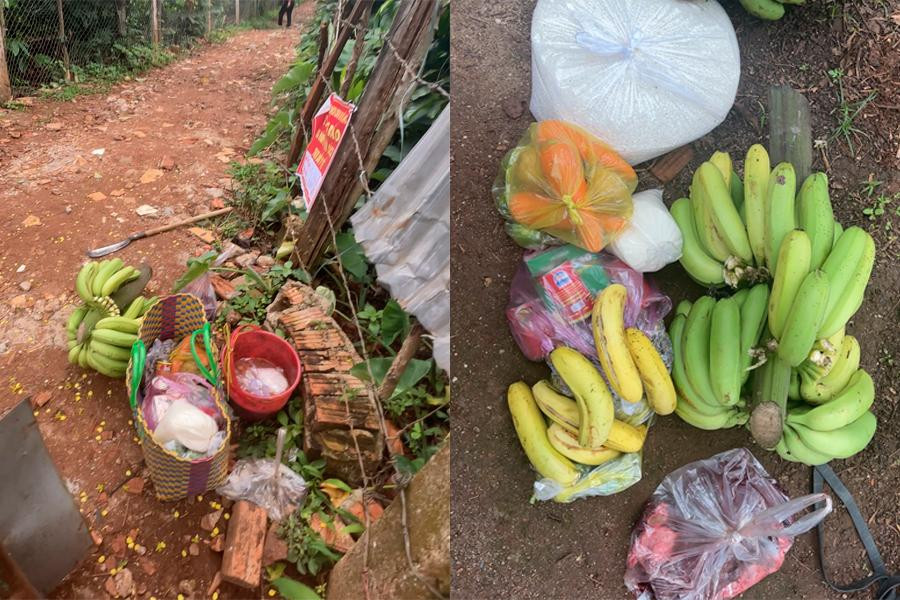 Lương thực, thực phẩm được gia đình để sẵn ở ngoài hàng rào.