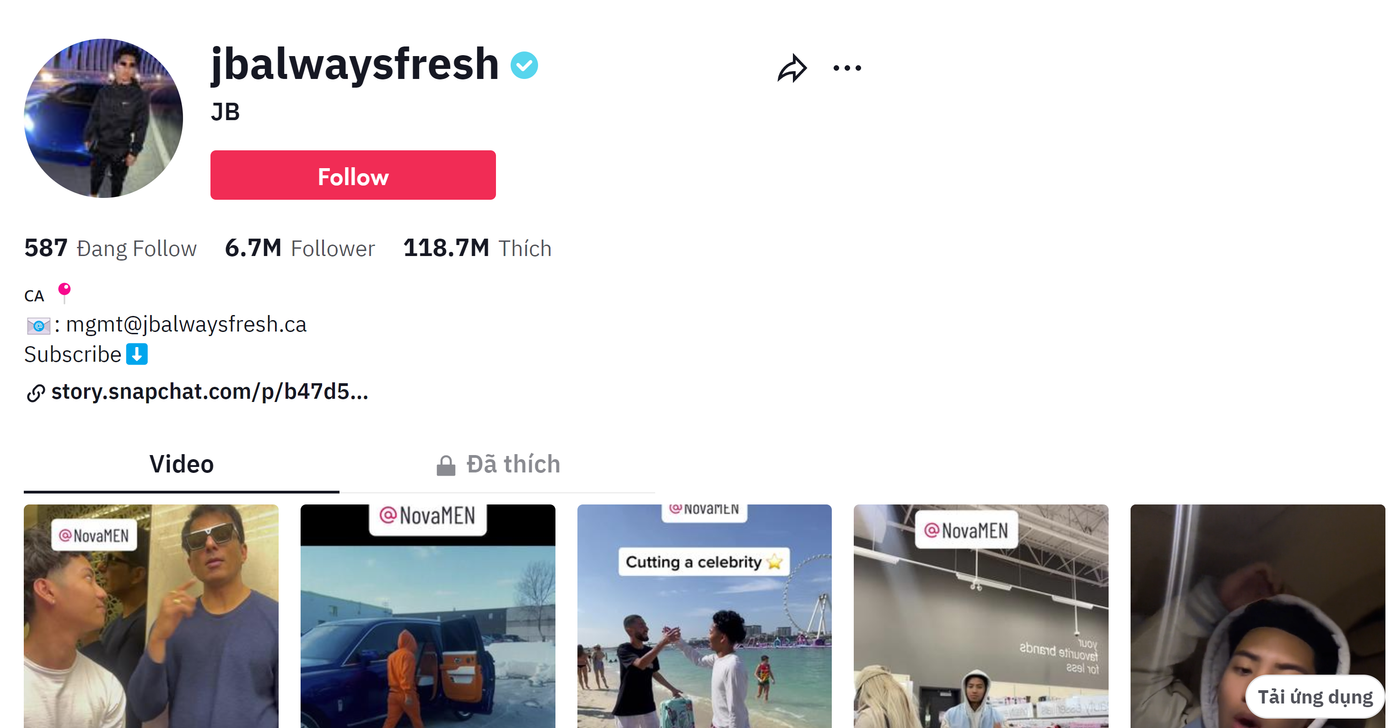 Kênh TikTok của Jamiel có 6.7 triệu người theo dõi, hơn 100 triệu lượt thích.