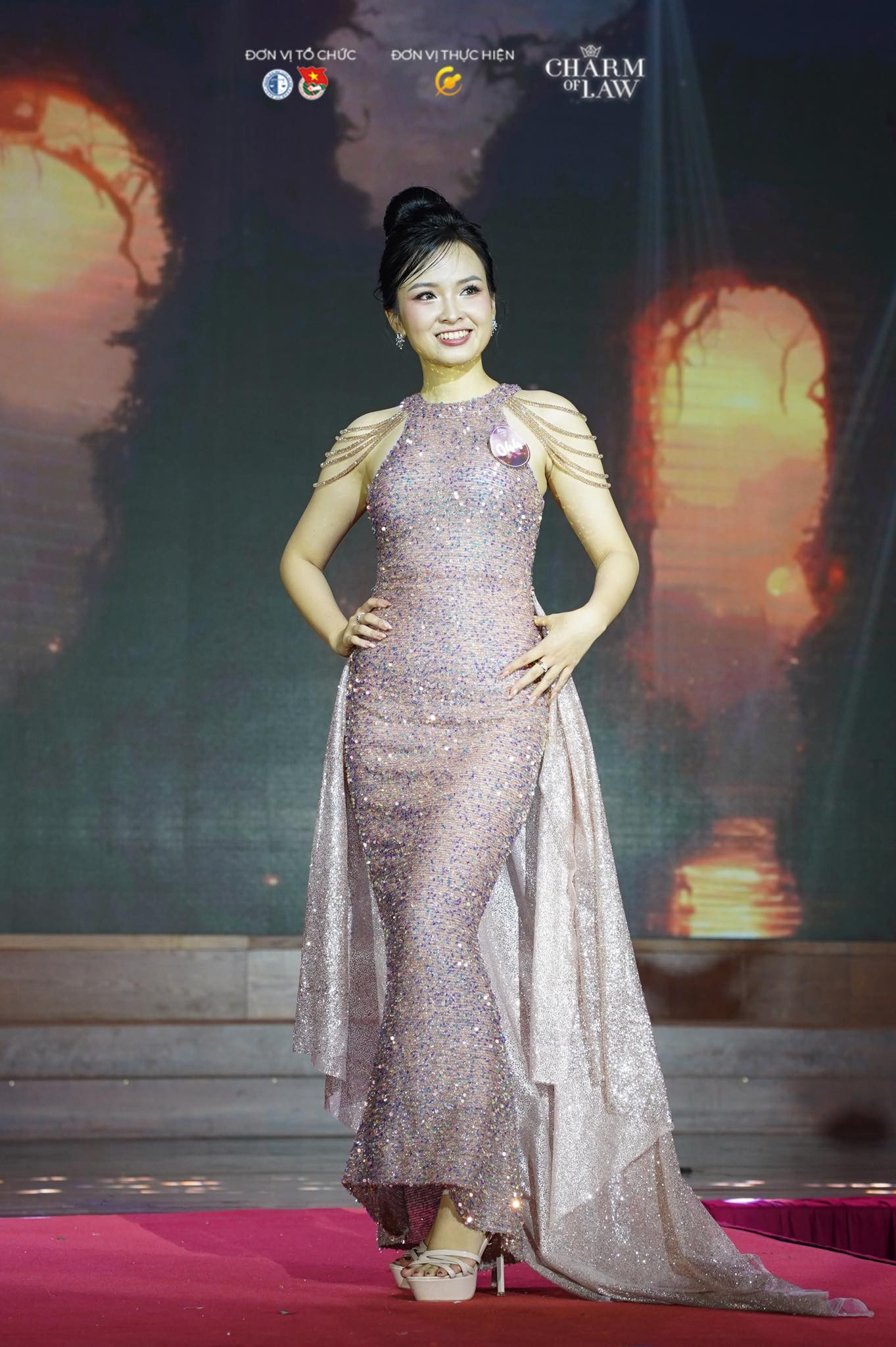 Các thí sinh trình diễn trang phục dạ hội. Ảnh: HLU Các thí sinh trình diễn trang phục dạ hội. Ảnh: HLU