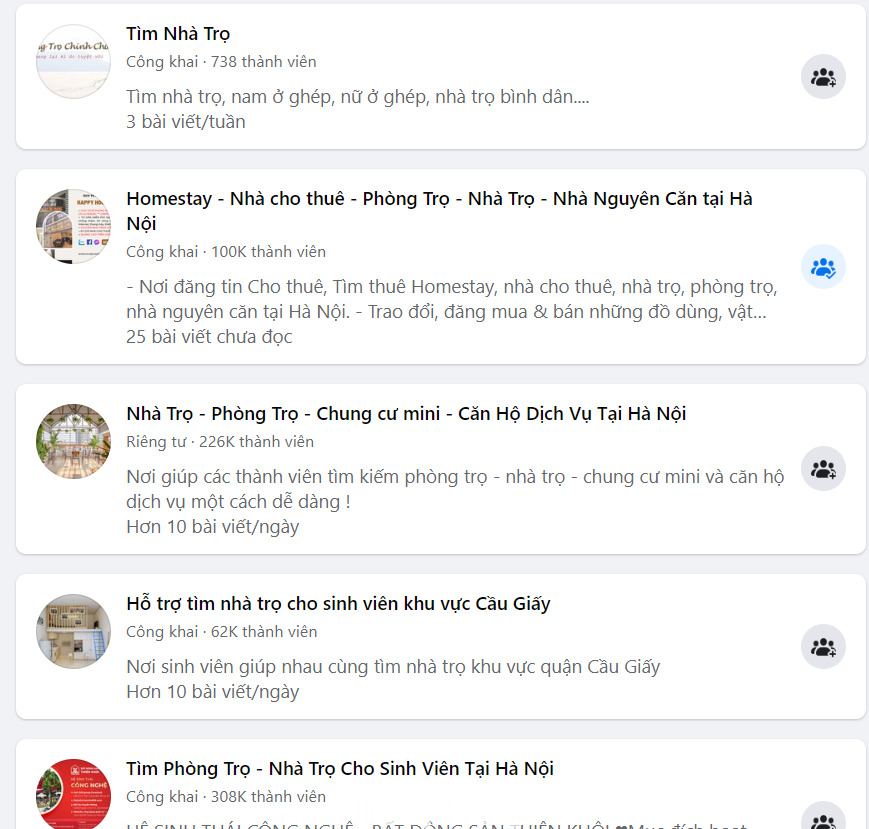 Chỉ cần gõ từ khóa &quot;tìm nhà trọ&quot;, hàng loạt hội nhóm sẽ hiện lên với hàng trăm nghìn thành viên.