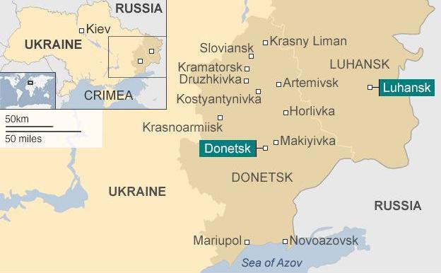Khu vực Donetsk và Luhansk nằm trên biên giới giữa Nga và Ukraine. Ảnh: BBC Khu vực Donetsk và Luhansk nằm trên biên giới giữa Nga và Ukraine. Ảnh: BBC