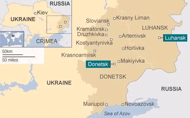 Khu vực Donetsk và Luhansk nằm trên biên giới giữa Nga và Ukraine. Ảnh: BBC Khu vực Donetsk và Luhansk nằm trên biên giới giữa Nga và Ukraine. Ảnh: BBC