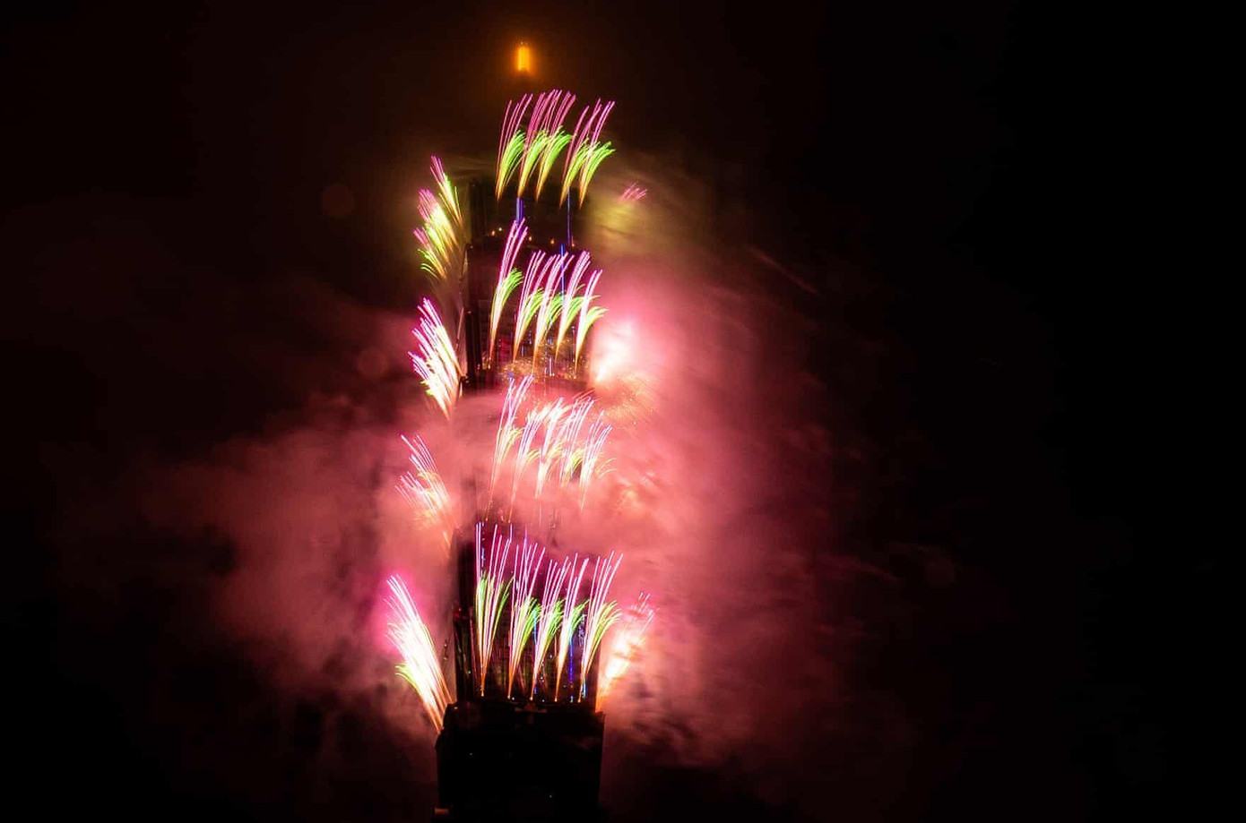 Đài Bắc (Đài Loan, Trung Quốc) rực sáng đêm giao thừa với màn pháo hoa từ toà tháp chọc trời. Ảnh: Getty