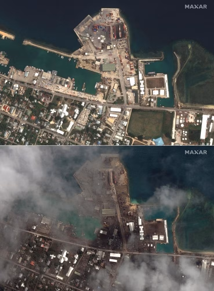 Cảng lớn ở Nuku'alofa (Tonga) trước và sau vụ phun trào. Ảnh: Maxar