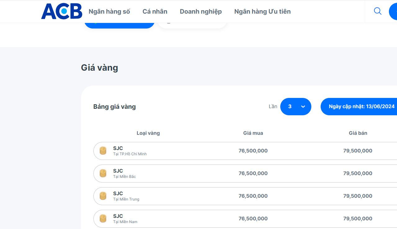 Bảng giá niêm yết vàng SJC của Ngân hàng ACB chiều 13/6. Bảng giá niêm yết vàng SJC của Ngân hàng ACB chiều 13/6.