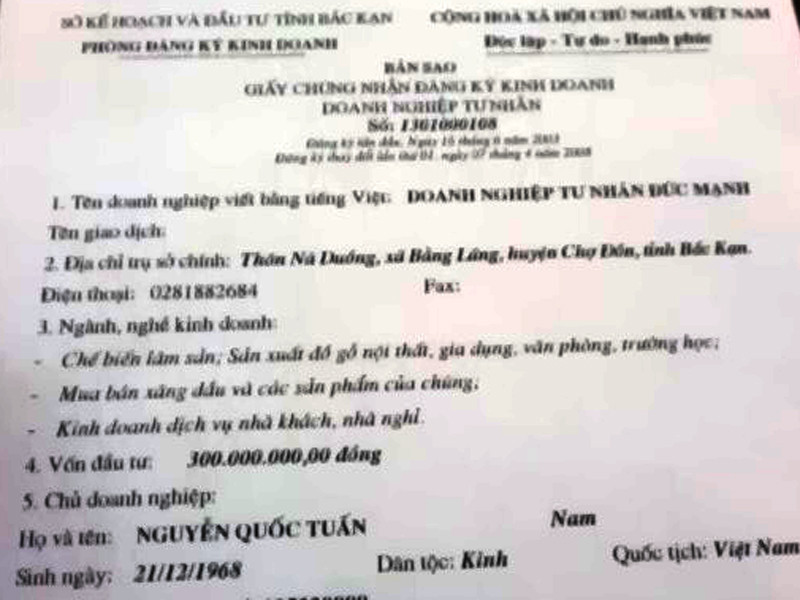 Giấy chứng nhận đăng ký kinh doanh của DNTN Đức Mạnh do ông Nguyễn Quốc Tuấn làm giám đốc không có kinh doanh, khai thác khoáng sản