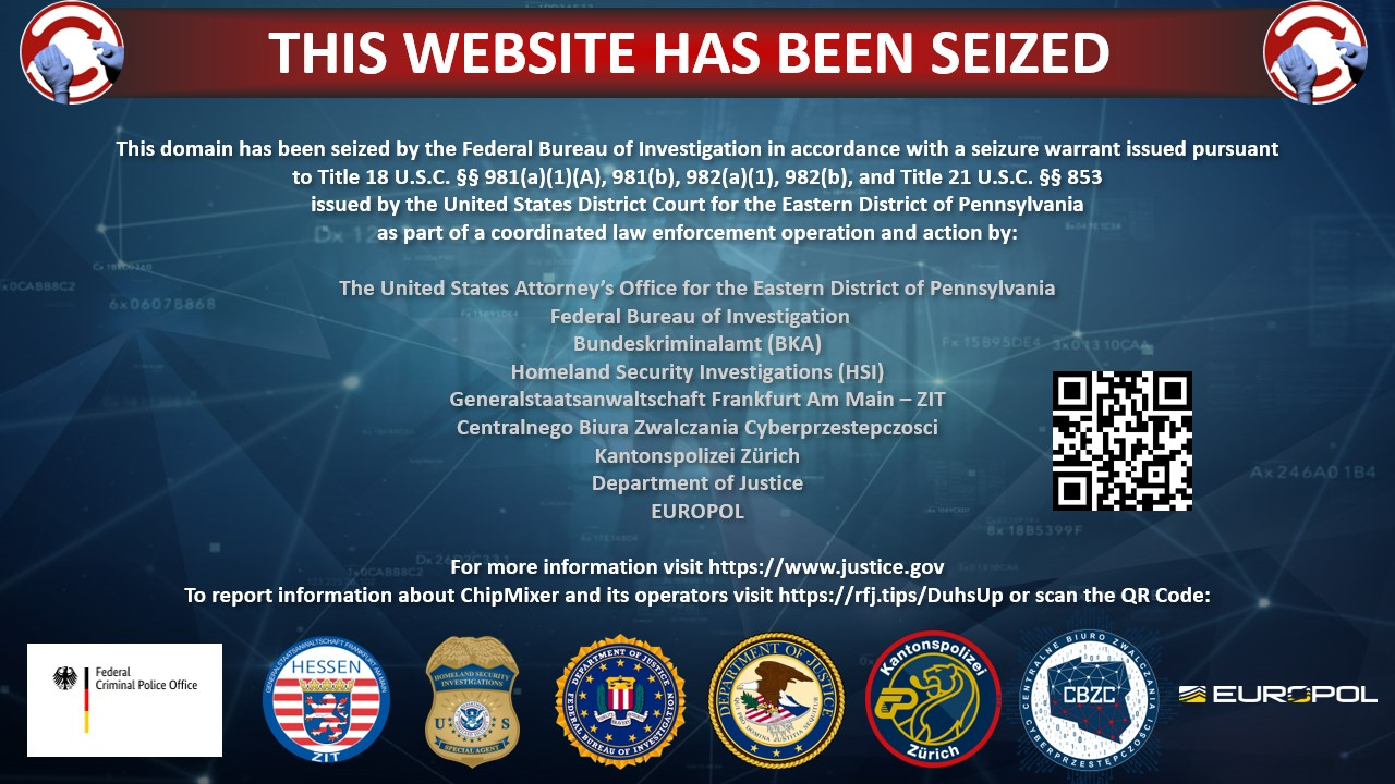 Giao diện trang web của Chipmixer bị các cơ quan điều tra chiếm quyền kiểm soát