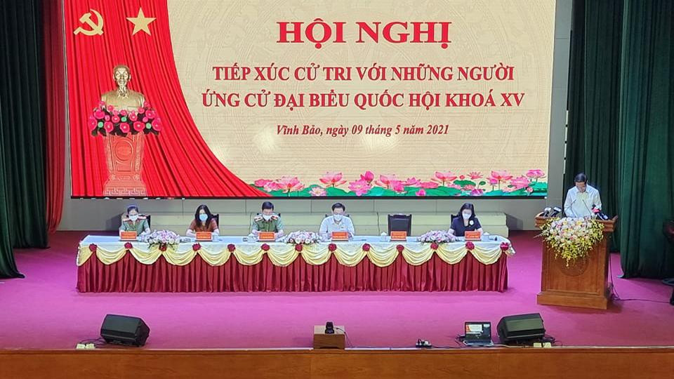 Hội nghị tiếp xúc cử tri với những người ứng cử đại biểu Quốc hội khóa XV tại huyện Vĩnh Bảo, TP Hải Phòng sáng 9/4.