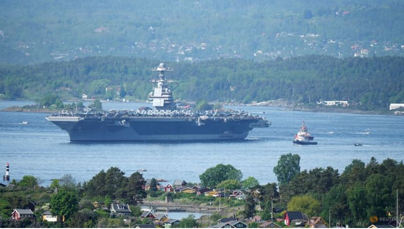 Tàu sân bay USS Gerald R Ford của Mỹ ở vịnh Oslo, Na Uy, ngày 24/5. (Ảnh: Reuters)