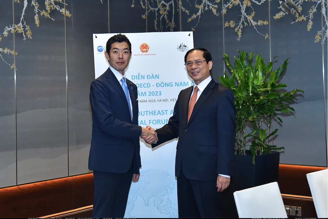 Bộ trưởng Ngoại giao Bùi Thanh Sơn và Quốc vụ khanh Bộ Ngoại giao Nhật Bản Tsuji Kiyoto trong cuộc gặp ngày 26/10. (Ảnh: Mofa)