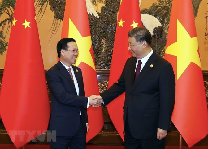 Chủ tịch nước Võ Văn Thưởng trong cuộc hội kiến Chủ tịch Trung Quốc Tập Cận Bình ngày 20/10. (Ảnh: TTXVN)