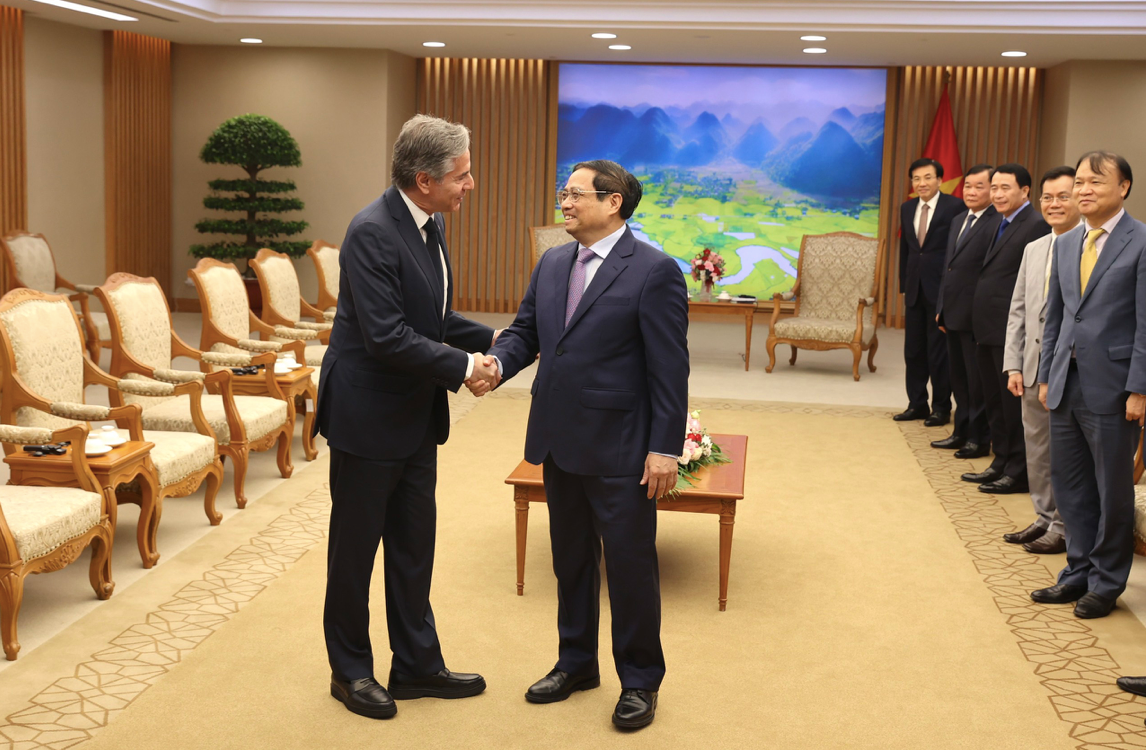 Thủ tướng Phạm Minh Chính tiếp Bộ trưởng Ngoại giao Mỹ Antony Blinken. (Ảnh: Như Ý)