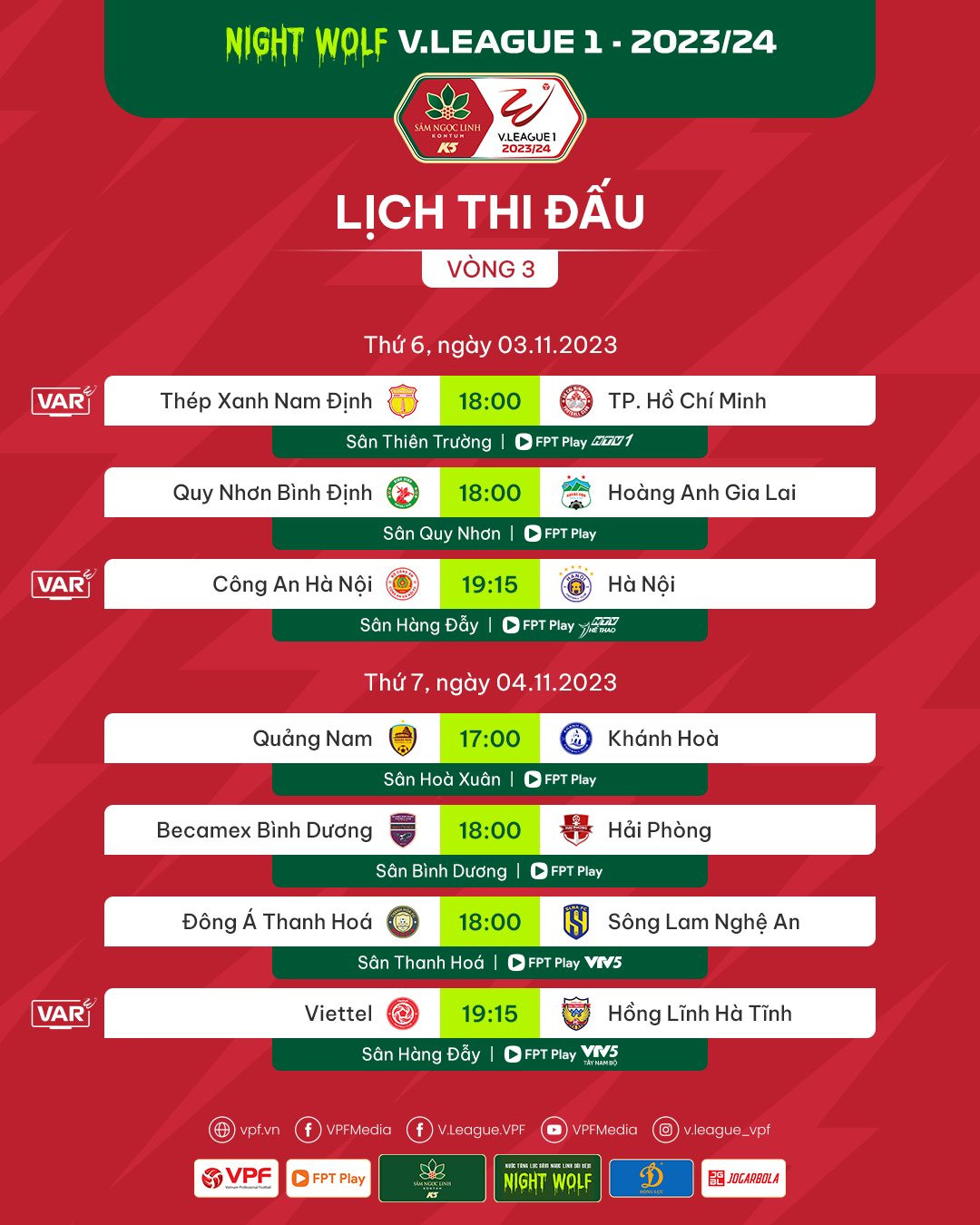 Lịch thi đấu vòng 3 Night Wolf V-League 1 - 2023/24.