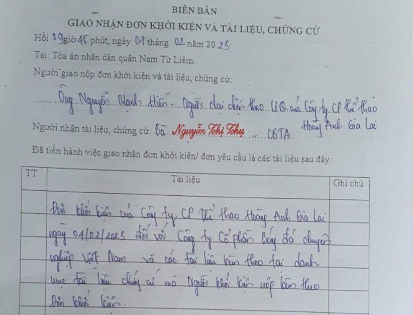Biên bản tiếp nhận đơn kiện của HAGL của Toà án Nhân dân quận Nam Từ Liêm. Biên bản tiếp nhận đơn kiện của HAGL của Toà án Nhân dân quận Nam Từ Liêm.