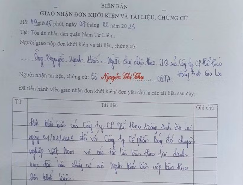 Biên bản tiếp nhận đơn kiện của HAGL của Toà án Nhân dân quận Nam Từ Liêm. Biên bản tiếp nhận đơn kiện của HAGL của Toà án Nhân dân quận Nam Từ Liêm.