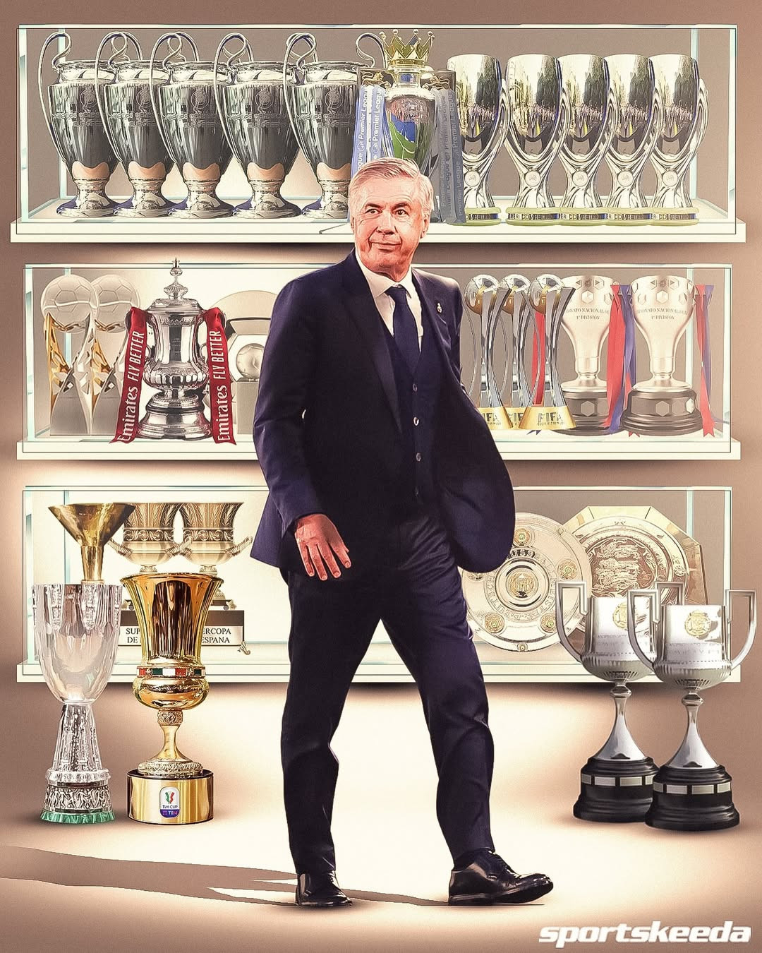 Ancelotti và gia tài đồ sộ với 30 danh hiệu, bao gồm chức vô địch ở 5 quốc gia khác nhau và 5 Champions League.