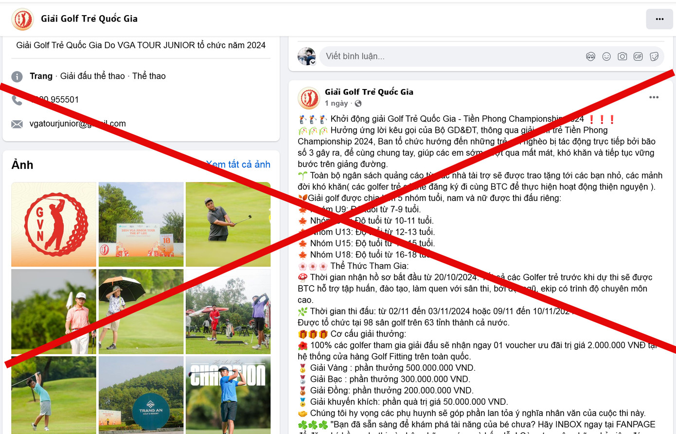 Nội dung bài đăng lừa đảo của page giả mạo "Giải Golf trẻ Quốc gia". Nội dung bài đăng lừa đảo của page giả mạo "Giải Golf trẻ Quốc gia".