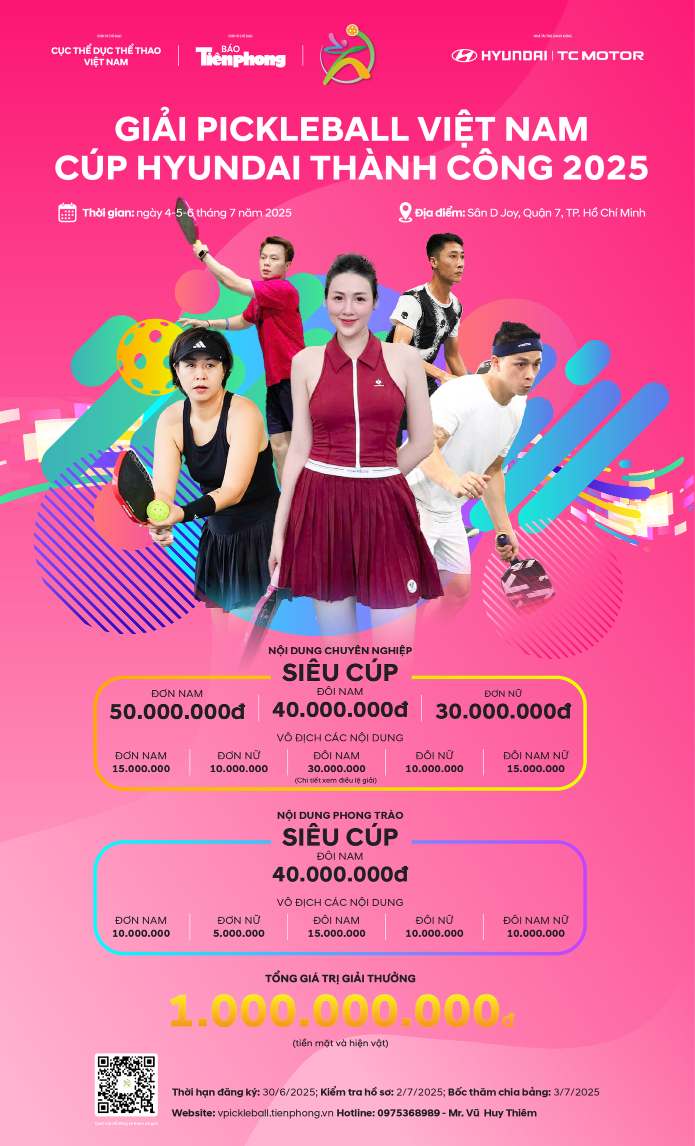 Giải Vô địch Pickleball Việt Nam 2025 – Cúp Hyundai Thành Công diễn ra từ ngày 4 đến 6/7 tại cụm sân Pickleball D-JOY (TPHCM). Giải Vô địch Pickleball Việt Nam 2025 – Cúp Hyundai Thành Công diễn ra từ ngày 4 đến 6/7 tại cụm sân Pickleball D-JOY (TPHCM).
