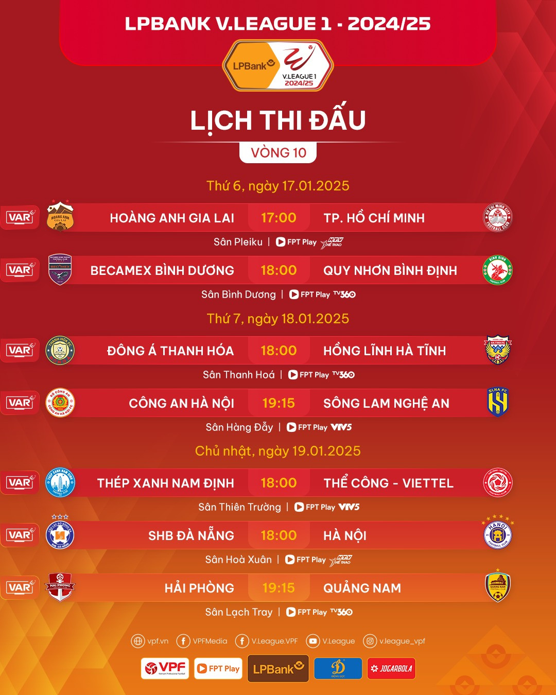 BXH sau vòng 9 và lịch thi đấu vòng 10 LPBank V.League 2024/25.