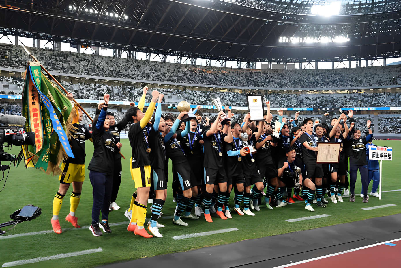 Các cầu thủ Okayama Gakugeikan ăn mừng chiến thắng trước hàng vạn khán giả.