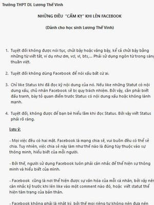 Quy định những điều cấm kị khi dùng Facebook dành cho họa sinh Trường THPT DL Lương Thế Vinh (Hà Nội) 