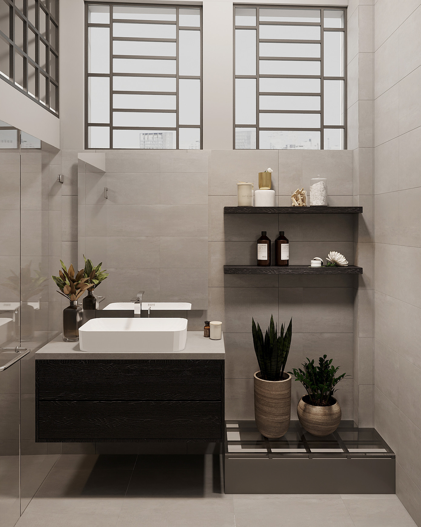 Bên ngoài nhà vệ sinh là chậu rửa mặt và là nơi để máy giặt, đồng thời khu vực này cũng được tận dụng làm lỗ thông tầng để giúp cho phòng được sáng thêm.