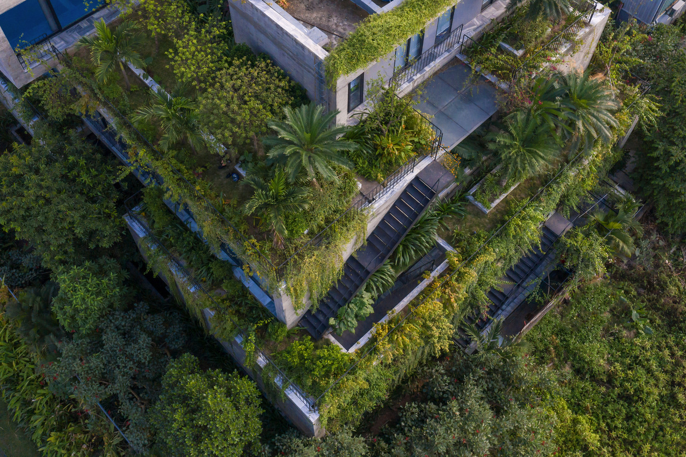 Các KTS đã sử dụng phương pháp xếp chồng và xoay các khối xung quanh lõi cột xanh ở giữa nhà, giúp gió lưu thông khắp các không gian. Các không gian trên lầu đều có ít nhất 2 lối mở để tiếp cận với không gian xanh. Các KTS đã sử dụng phương pháp xếp chồng và xoay các khối xung quanh lõi cột xanh ở giữa nhà, giúp gió lưu thông khắp các không gian. Các không gian trên lầu đều có ít nhất 2 lối mở để tiếp cận với không gian xanh.