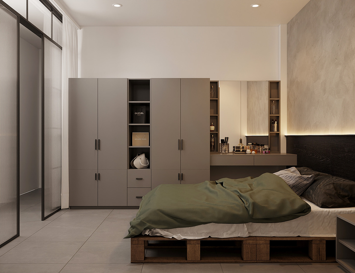 Bên trên tầng lầu là nơi riêng tư của đôi bạn trẻ, tầng này bao gồm một phòng ngủ, phòng làm việc, khu thay đồ và phòng vệ sinh.