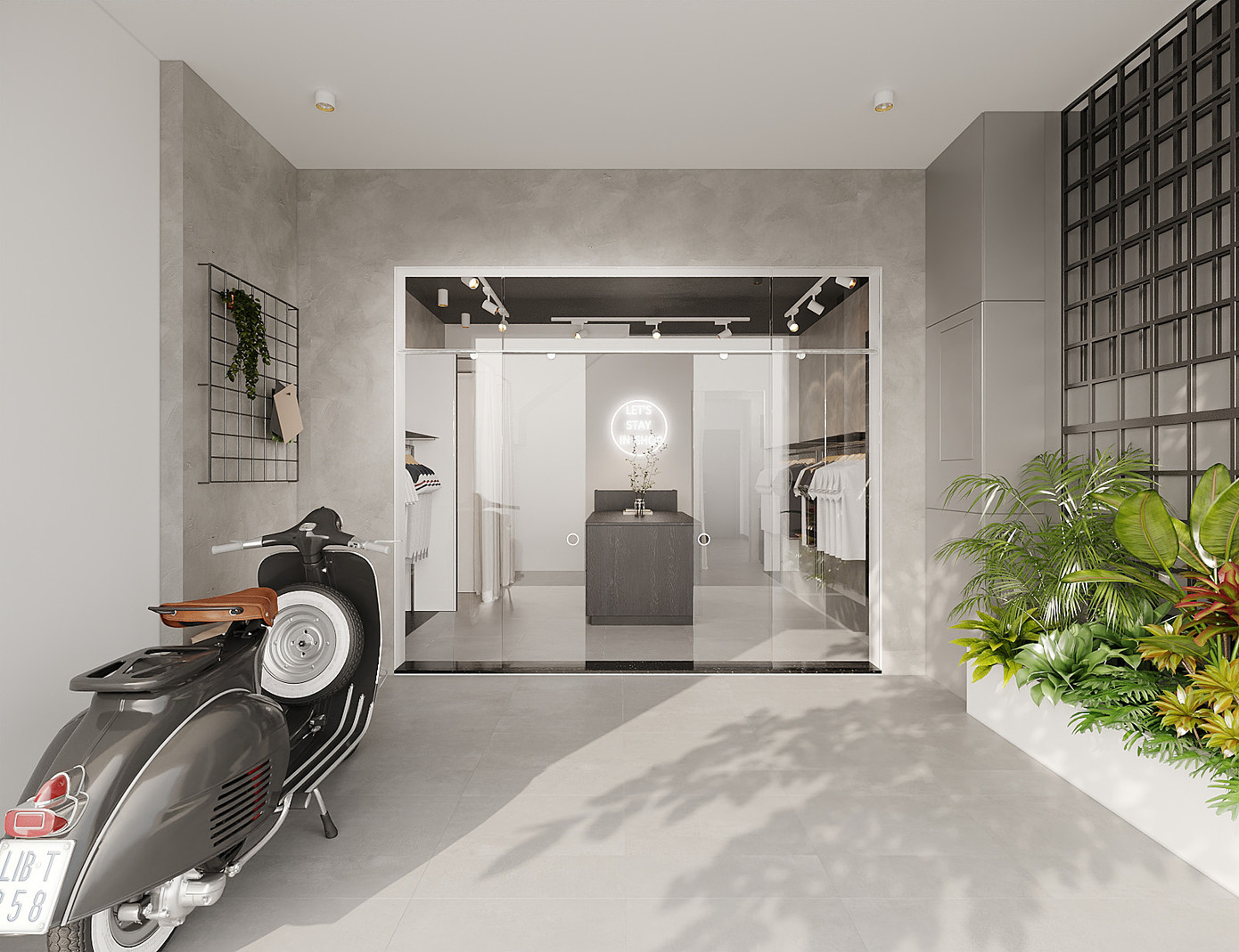 KTS Văn Cảnh chọn tông màu trắng đen kết hợp các mảng tường sơn hiệu ứng bê tông làm điểm nhấn, trong khi bên ngoài có thêm không gian cây xanh tạo cảm giác mát mẻ.