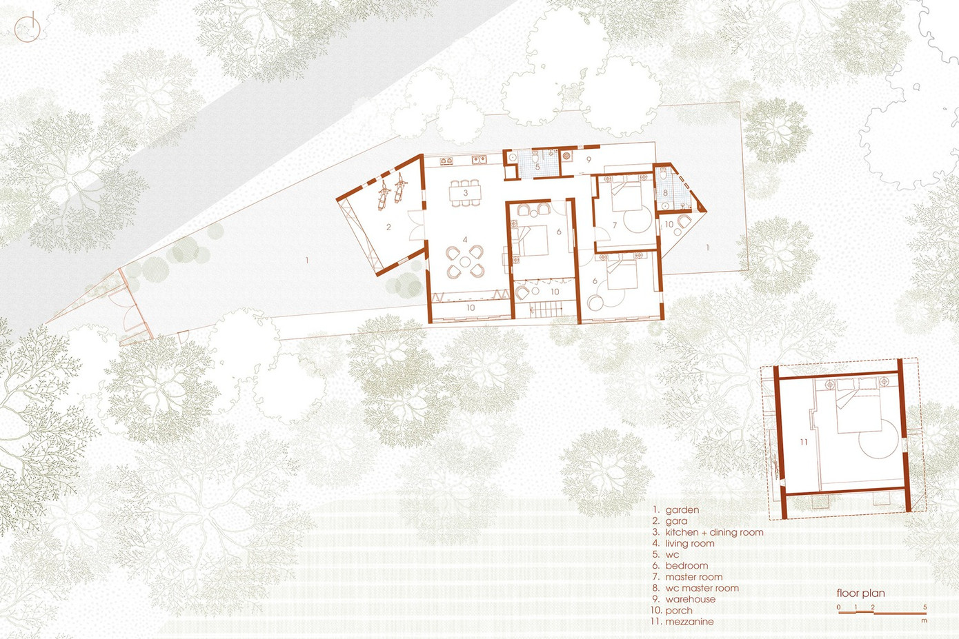 Sau khi khảo sát, nhóm thiết kế đưa ra phương án là thay đổi hướng chính của ngôi nhà để tận dụng thế đất, cảnh quan xung quanh, tầm nhìn, hướng gió.