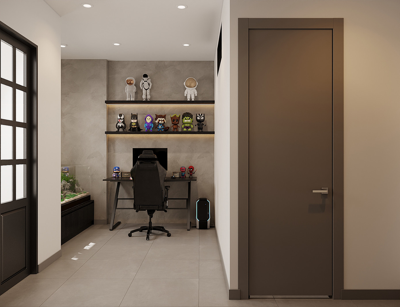 Bên trên tầng lầu là nơi riêng tư của đôi bạn trẻ, tầng này bao gồm một phòng ngủ, phòng làm việc, khu thay đồ và phòng vệ sinh.